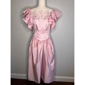 1980s Pastel Pink Glinda Wicked Fairy Floral Bows Feminine Coquette Dress M